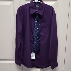 NWT Chaps Boys Deep Purple Long Sleeve Dress Shirt With Clip on Polkadot Tie 12